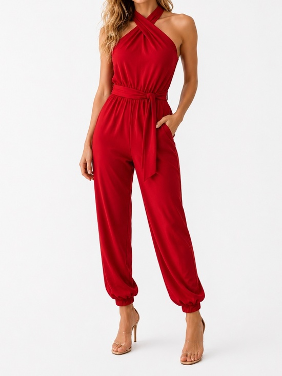 Guess Pants - Red Halter Jumpsuit by GBY GUESS – Size S, Crisscross Back, Bold Retro Vibes